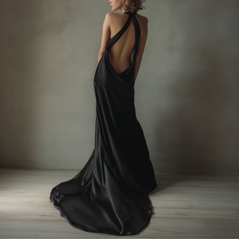 Woman in a black evening gown with an open back standing in a softly lit room.